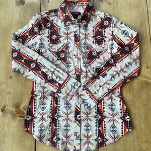 ROCK & ROLL DENIM WOMENS COWGIRL WESTERN AZTEC SOUTHWESTERN PEARL SNAP SHIRT EUC
